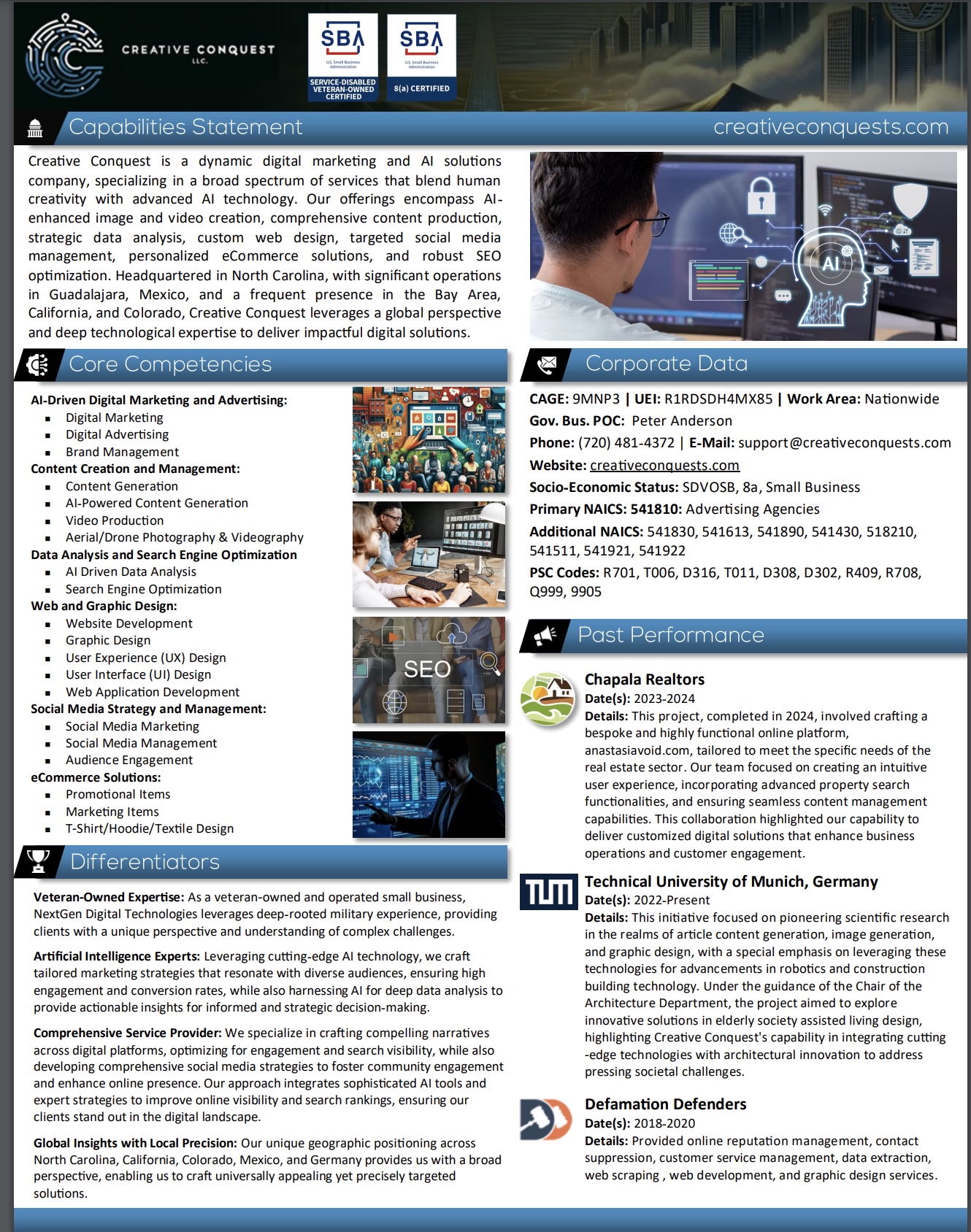 Creative Conquest Capability Statement, featuring digital marketing, AI-driven advertising, and eCommerce solutions" Description: "Creative Conquest is a veteran-owned digital marketing and AI solutions company, offering services such as AI-enhanced image/video creation, content production, web design, and social media management. We operate nationwide with expertise in advertising, SEO, and eCommerce. Capability statement includes NAICS codes, PSC codes, and work area details." Keywords: "Creative Conquest, capability statement, digital marketing, AI solutions, advertising agencies, eCommerce solutions, SEO, web design, veteran-owned business, NAICS codes, PSC codes, Guadalajara operations" Author: "Creative Conquest LLC" URL: "https://creativeconquests.com/capability-statement" Image Alt Text (For accessibility and SEO): Creative Conquest Capability Statement - Digital Marketing and AI"Creative Conquest Capability Statement, featuring digital marketing, AI-driven advertising, and eCommerce solutions"